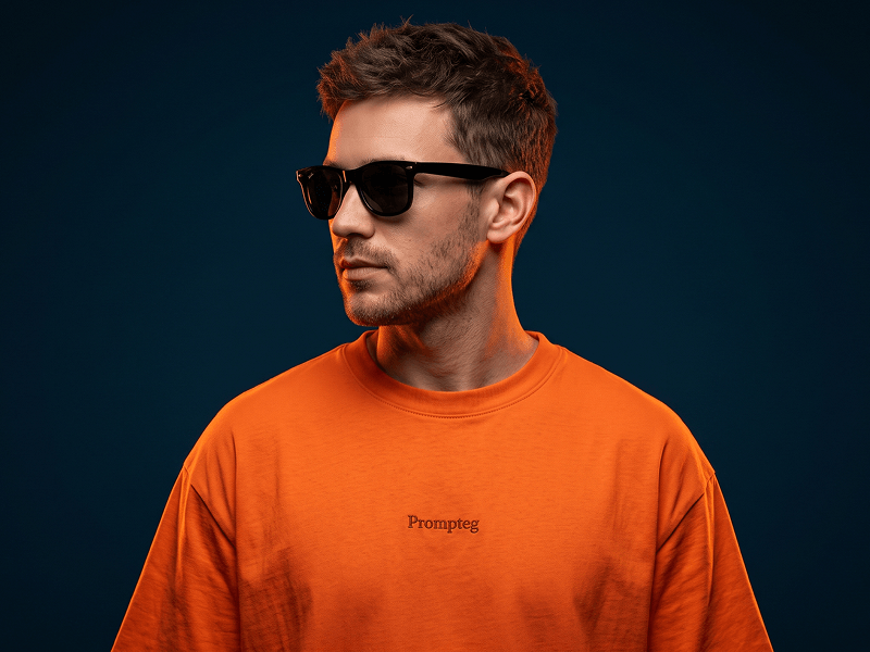 Cinematic Male Portrait with an Orange T-Shirt and Sunglasses Prompt - Gemini Prompt