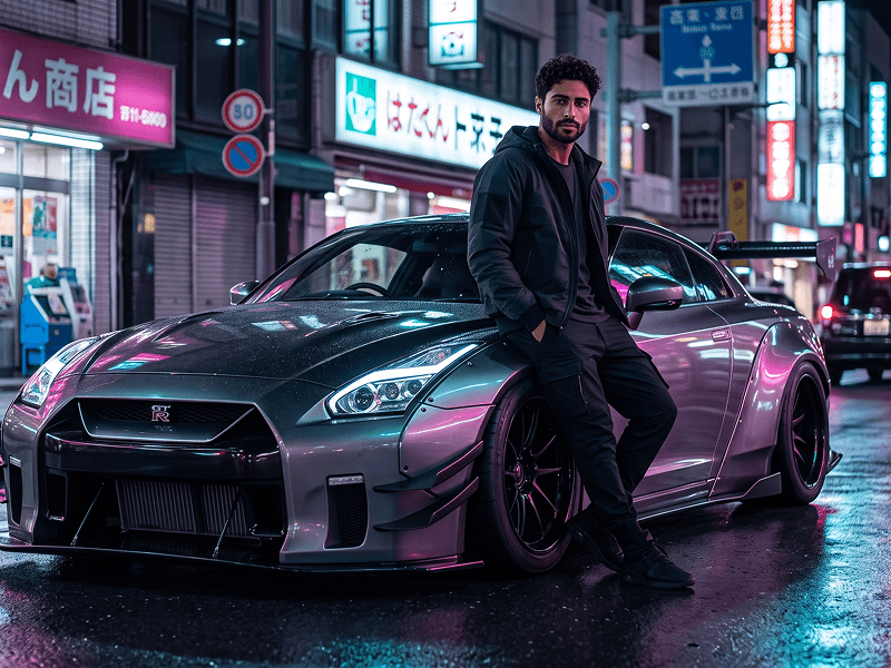 Neon Tokyo'da Nissan GT-R R35 ile Sinematik Portre Promptu - Gemini Prompt