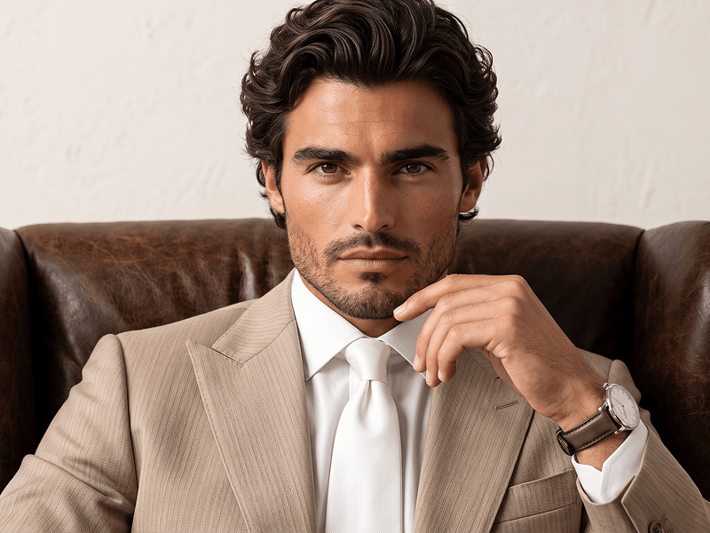 Luxury Executive Portrait in a Beige Suit with a Leather Armchair Prompt - Gemini Prompt