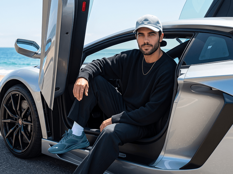 Prompt für ein Lifestyle-Porträt am Strand mit einem Luxus-Sportwagen und einem entspannten Fashion-Look - Gemini Prompt