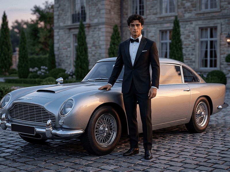 Prompt per un’Elegante Scena da Film di Spionaggio con Aston Martin DB5 e Smoking - Gemini Prompt