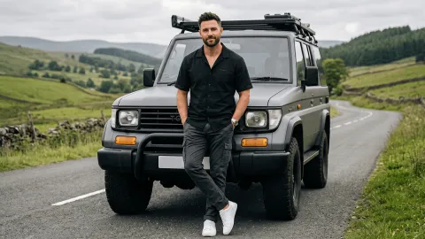 Prompt für ein cineastisches Männerporträt vor einem Offroad-SUV - Gemini Prompt
