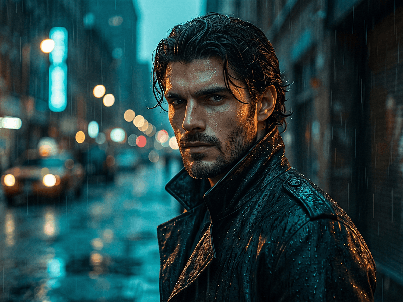 Film Character Portrait with Cinematic Lighting on a Rainy Night Prompt - Gemini Prompt