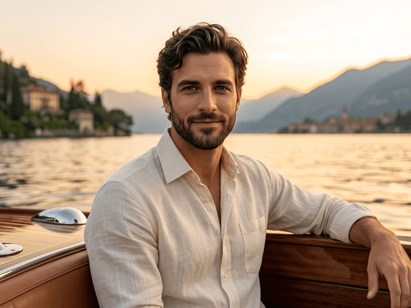 Prompt für ein Old-Money-Quiet-Luxury-Lifestyle-Porträt auf dem Comer See an Bord eines klassischen Riva-Bootes - Gemini Prompt