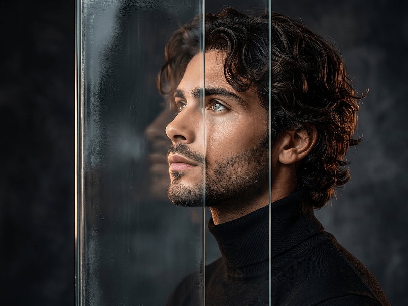 Ritratto Cinematico di Profilo Dietro Vetro Prompt - Gemini Prompt