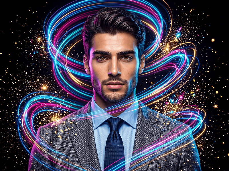Neon Işık İzleri ve Altın Enerji Parçacıklarıyla Sinematik Portre Promptu - Gemini Prompt
