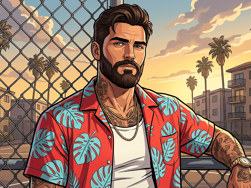 Hawaiian Gömlek ve Altın Zincirlerle GTA Esintili Karakter Portresi Promptu - Gemini Prompt