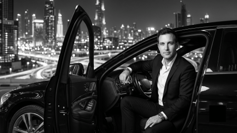 Black and White Luxury Car Portrait with Night Cityscape Prompt - Gemini Prompt
