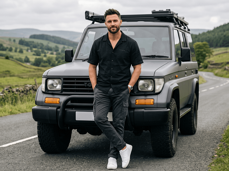 Cinematic Male Portrait in Front of an Off-Road SUV Prompt - Gemini Prompt