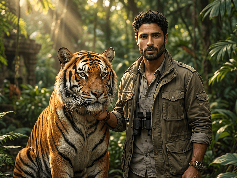 Prompt für ein cineastisches Porträt mit einem Tiger im tropischen Regenwald - Gemini Prompt