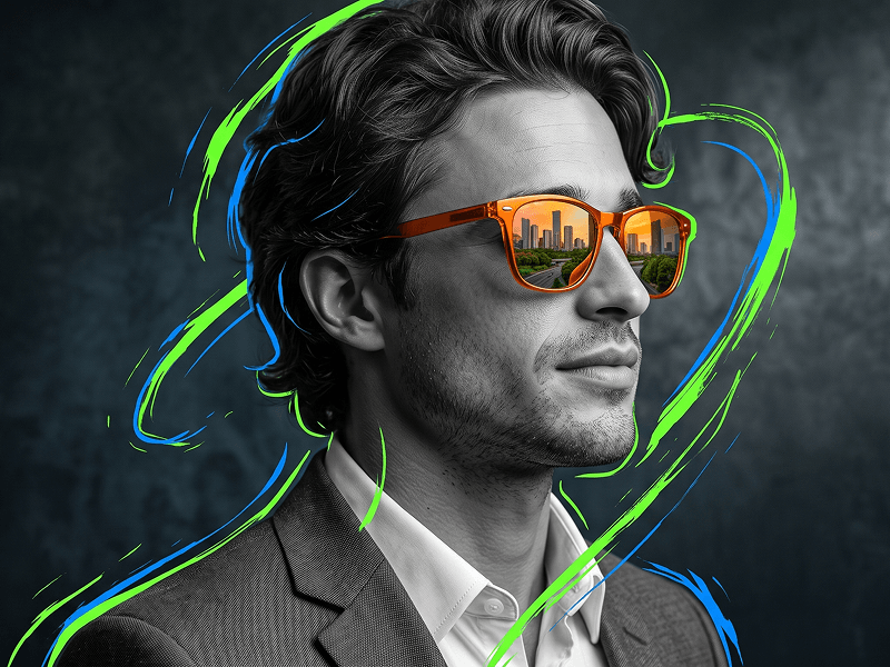 Modern Editorial Portrait with Orange Reflective Glasses Prompt - Gemini Prompt