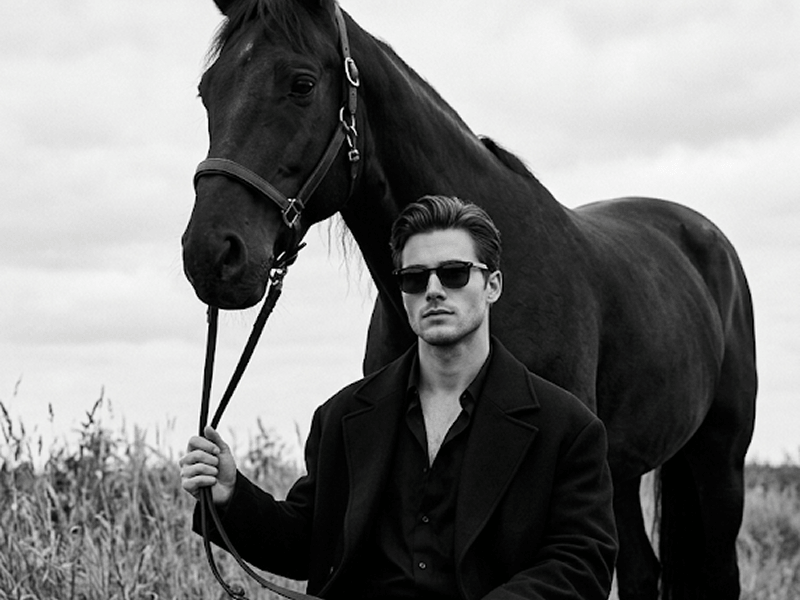 Black and White Cinematic Portrait with Horse in a Dark Atmosphere Prompt - Gemini Prompt