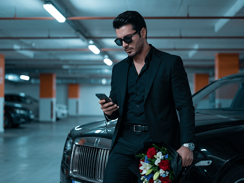 Cinematic Parking Garage Portrait with Luxury Car and Flower Bouquet Prompt - Gemini Prompt