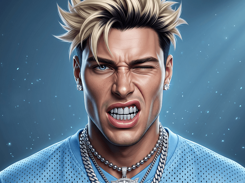 Prompt per Ritratto Stilizzato con Capelli Biondi, Grillz con Diamanti e Catene d'Argento - Gemini Prompt