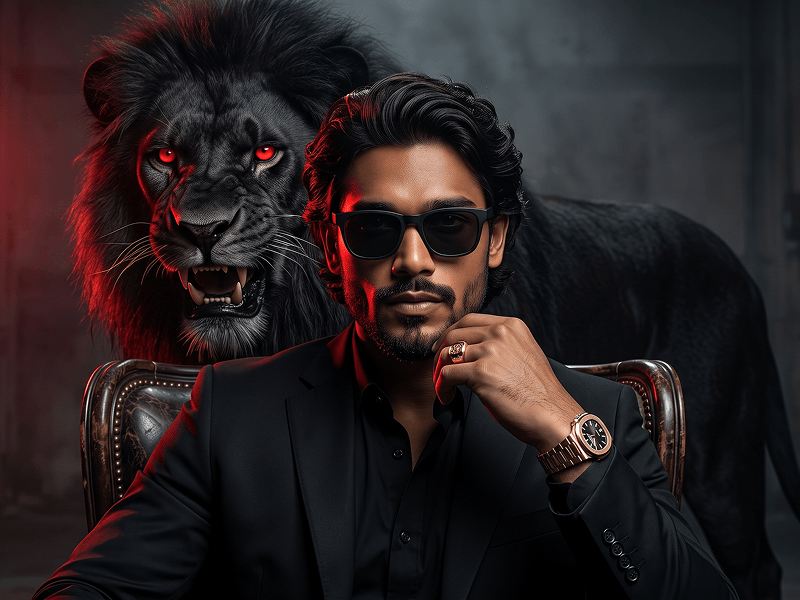 Luxury Suit Male Portrait with a Lion Concept Prompt - Gemini Prompt
