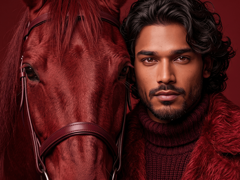 Red-Toned Male Portrait with a Horse Prompt - Gemini Prompt