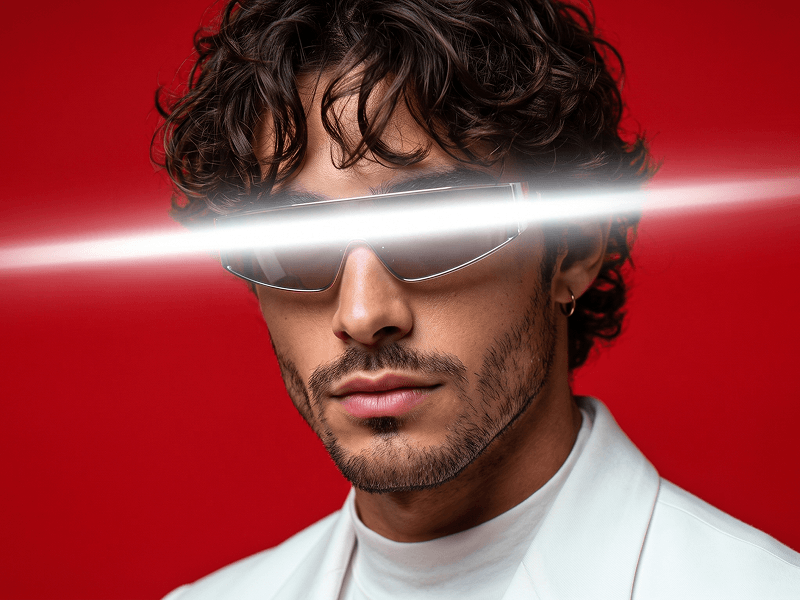 Futuristic Red Glow Editorial Portrait with Glowing Eye Beam Prompt - Gemini Prompt