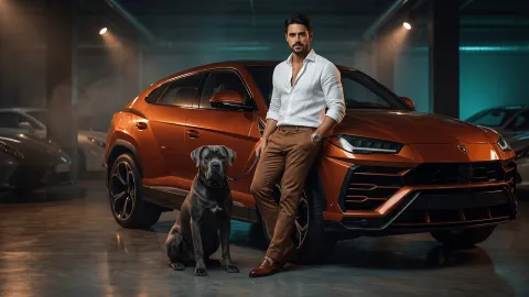 Lamborghini Urus ve Cane Corso ile Gerçekçi Erkek Portresi AI Promptu - Gemini Prompt