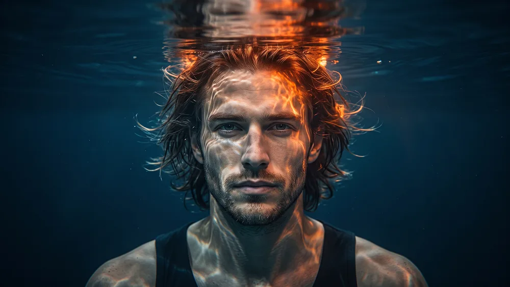Unterwasserporträt mit Orangen Reflexen und Tiefblau Prompt - Gemini Prompt