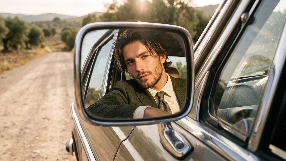 Vintage Car Mirror Fashion Portrait Prompt - Gemini Prompt