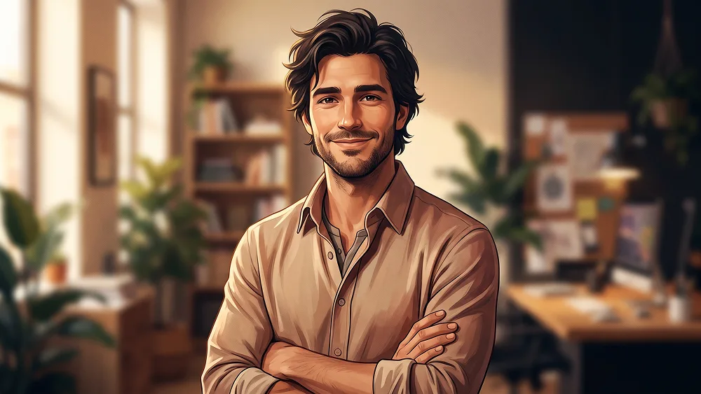Warm Office Art Animation Portrait With Crossed Arms Prompt - Nano Banana 2 Prompt