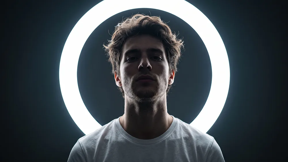 White Halo Backlit Portrait With Raised Chin Prompt - Gemini Prompt